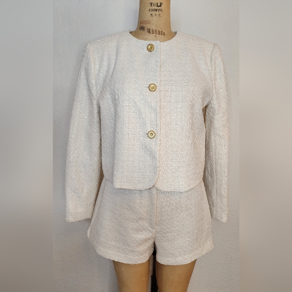 Zara 2024 Collection Ivory Textured Tweed Blazer Short Set - Picture 9 of 14
